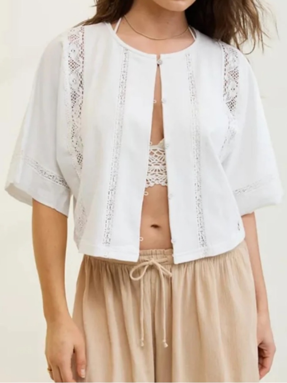 aerie 100% Cotton Short Sleeve Crochet Cropped Cardigan M Boho Cottagecore